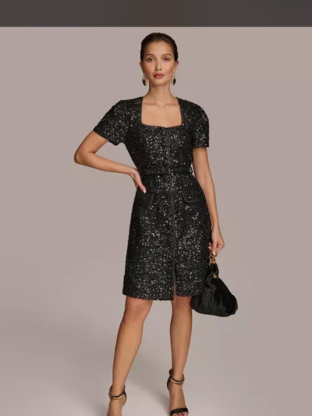Donna Karan Black Sequined Square-Neck Mini with Short Sleeves